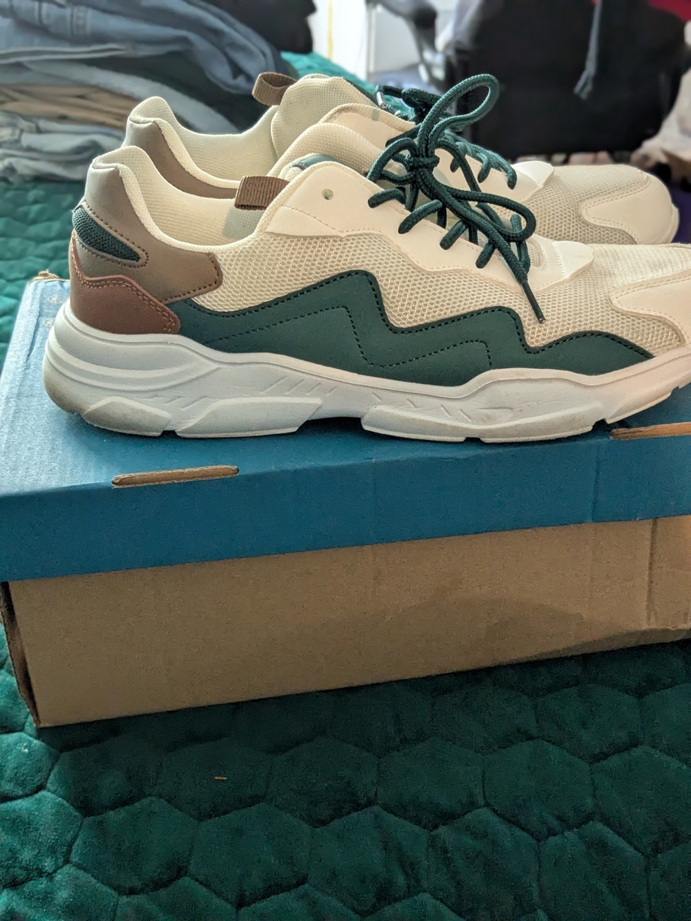Chunky Mesh Sneakers in Cream & Teal with Brown Accents